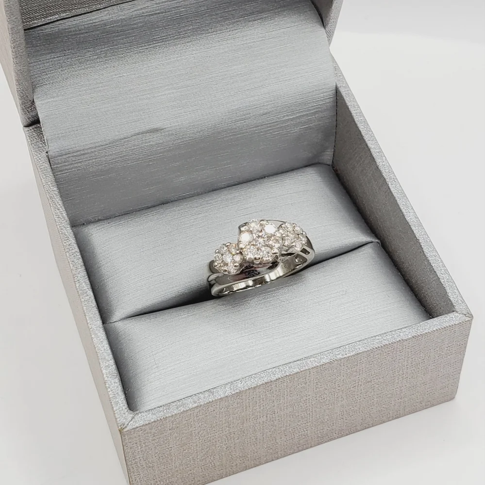 10k Solid White Gold Genuine Round Diamond Triple Flower Ring